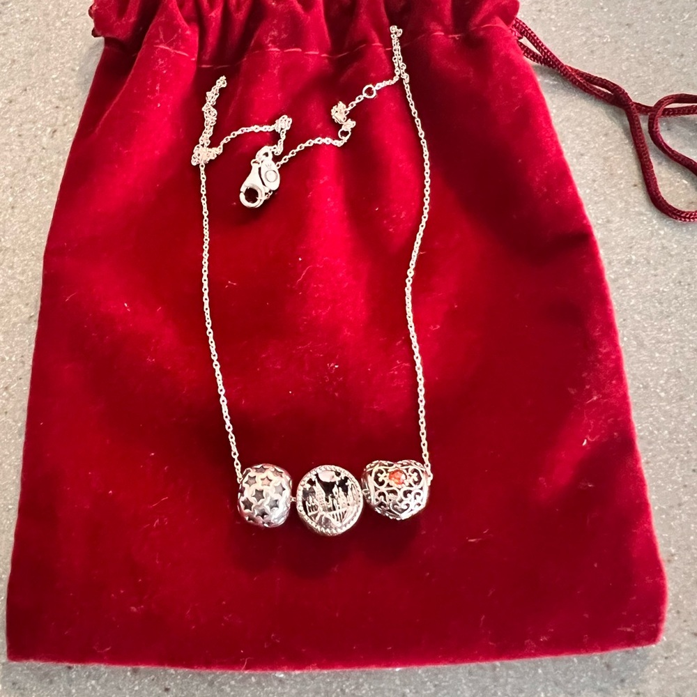 Pandora Silver Filigree Bead Necklace with Three Detailed Charms